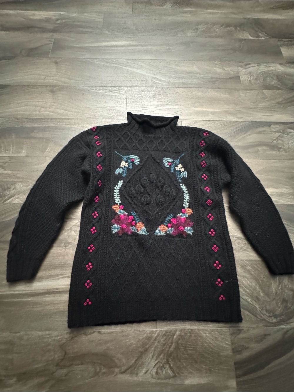 Vintage LL Bean Roll Neck Floral Sweater Women’s Large Blue Wool Fisherman